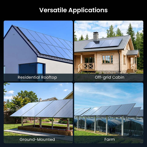 Versatile applications of Bang For Buck Killer Energy 450W Bifacial Solar Panels 2 Pack on roofs and ground mounts.
