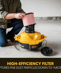14 Gallon Wet And Dry Shop Vacuum With 65 Peak Horsepower Motor and Stainless Steel Tank, showing high-efficiency filter installation.