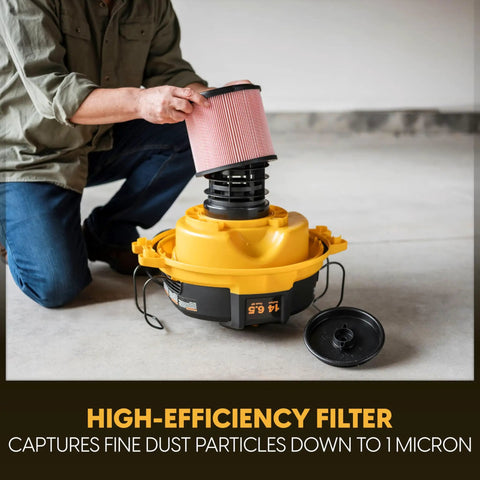 14 Gallon Wet And Dry Shop Vacuum With 65 Peak Horsepower Motor and Stainless Steel Tank, showing high-efficiency filter installation.