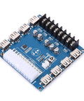 ATX Power Supply Breakout Board 24 Pin Module With 6 USB Ports, Dope 3.3V 5V 12V Rails And 1.8V To 10.8V, showing top view.