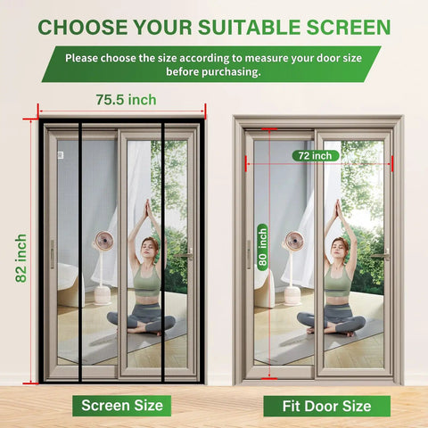 Illustration of Heavy Duty PET Magnetic Screen Door With Double Door Closure, showing size options for sliding patio doors