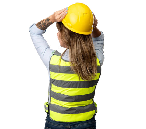 Back view of a person wearing Professional Ice Vest Cooling System With 96 Pure Water Ice Cubes, Hi Vis Yellow Gear.