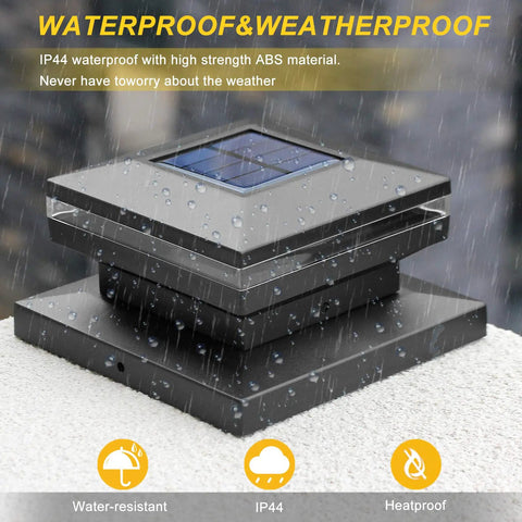 Outdoor No Fuss Post Cap Lights For 4x4 And 6x6 Wooden Posts Waterproof solar powered light in rain showcasing durability