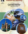 Cover of book with globe, Big Ben, and landscapes for Geography Activities For Social Studies Classrooms: Fun Game Based Interactive Activities, Map Skills, Landforms, Latitude And Longitude Simulations, And A Practical Teacher Resource For Hands On Learning.
