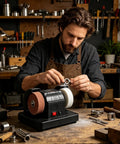 Electric Double Grinding Wheel Buffer That Cracks Rust Seals and Slays Dull Edges With Heavy Duty Polishing Power in workshop.