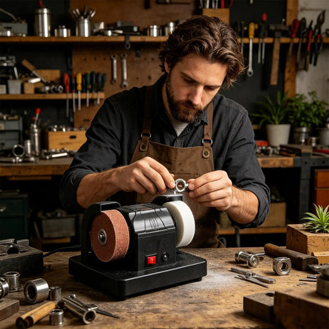 Electric Double Grinding Wheel Buffer That Cracks Rust Seals and Slays Dull Edges With Heavy Duty Polishing Power in workshop.