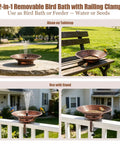 Deck Mount Bird Bath With Railing Clamp Solar Fountain 2 In 1 Feeder Vintage Brown in garden settings, showing water and seeds.