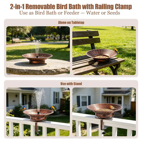 Deck Mount Bird Bath With Railing Clamp Solar Fountain 2 In 1 Feeder Vintage Brown in garden settings, showing water and seeds.