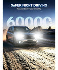 Badass 9005 HB3 LED Headlight Bulbs 64000 Lumens 6500K Bright White illuminating a vehicle driving on a dirt road at night.