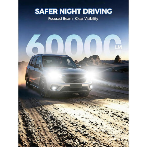 Badass 9005 HB3 LED Headlight Bulbs 64000 Lumens 6500K Bright White illuminating a vehicle driving on a dirt road at night.