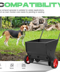 Lawn Drop Spreader With Handle Four Wheels Adjustable Rate for fertilizer, grass seed, and compost on garden with dog in background