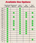 Available size options chart for Unfinished Square Wood Dowels 36 Inches Long Pack Of Nine Smooth Sanded Hardwood Craft Sticks.
