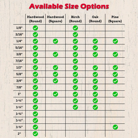 Available size options chart for Unfinished Square Wood Dowels 36 Inches Long Pack Of Nine Smooth Sanded Hardwood Craft Sticks.