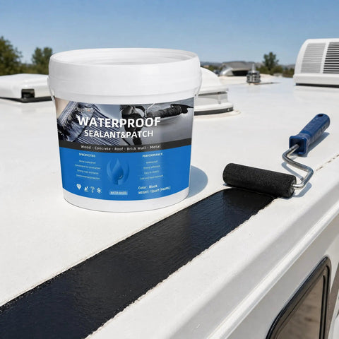 Big Time Roof Saver Black Waterproof Rubber Sealant For Flat And Metal Roofs With Flexible Crack Bridge that Moves With Building Shifts and Locks Out Water Damage For Good Without Any Headaches in a quart container.