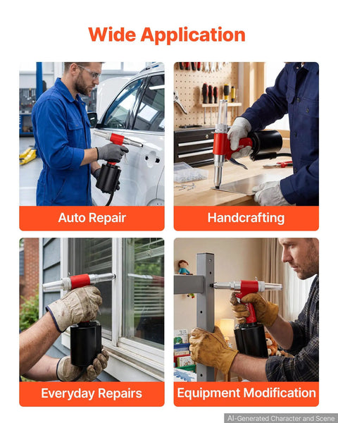 Pneumatic Rivet Gun Kit With Four Nosepieces 3/32 Inch 1/8 Inch 5/32 Inch And 3/16 Inch For Flexible Riveting In Metal Fabrication Automotive And Construction Projects Built For Real World Jobs Lightweight Durable And Easy To Use in auto repair, handcrafting, window repair, equipment modification
