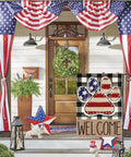 Patriotic USA Flag Paw Print Garden Flag 12x18 Double Sided Outdoor Welcome Banner in front of a house with American flag decor.