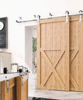Brushed Nickel Double Track U Shape Bypass Sliding Barn Door Hardware Kit For Two Doors installed on wood doors