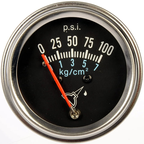 Front view oil pressure gauge with red needle, 0–100 psi scale, chrome bezel, black dial.
