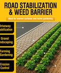 Image showing rows of green plants with text highlighting road stabilization and 3ftx50ft Heavy Duty Weed Barrier Landscape Fabric benefits for gardening.
