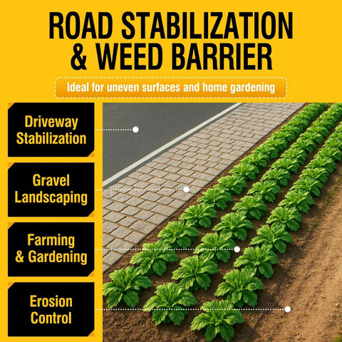 Image showing rows of green plants with text highlighting road stabilization and 3ftx50ft Heavy Duty Weed Barrier Landscape Fabric benefits for gardening.
