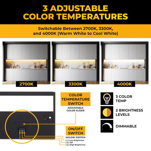18 Inch Under Cabinet Lighting Kit In Black Finish, Dimmable Undercabinet Lights With 3 CCT Options 2700K 3000K 4000K interface features