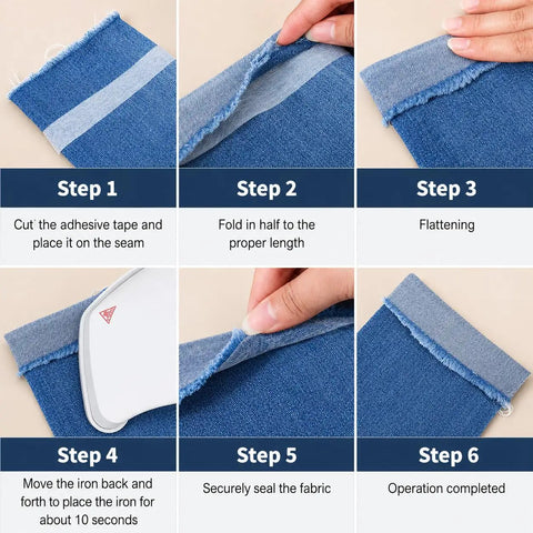Step-by-step guide using One Inch By Two Hundred Ten Feet Iron On Hemming Tape Double Sided No Sew Hem Tape for fabric hemming.