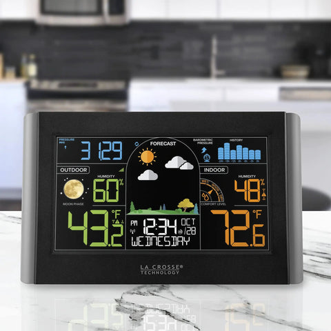 Wireless Color Weather Station with Digital Forecast and Trend Arrows monitors indoor and outdoor temperature and humidity