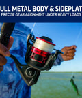 Close-up of Fierce IV Spinning Reel And Fishing Rod Combo For Saltwater Angling with full metal body held by fisherman