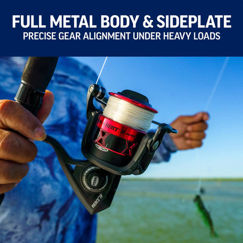 Close-up of Fierce IV Spinning Reel And Fishing Rod Combo For Saltwater Angling with full metal body held by fisherman