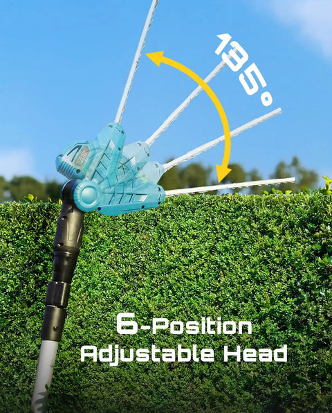20V Cordless Pole Hedge Trimmer With 16 Inch Dual Action Blade Telescoping 8 Foot Pole showing 6-position adjustable head in action