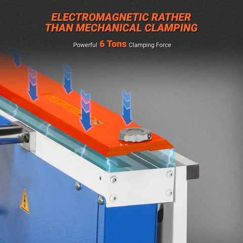 Electromagnetic clamping on industrial magnetic pan and box sheet metal brake for 20 gauge capacity heavy duty pro grade press brake.