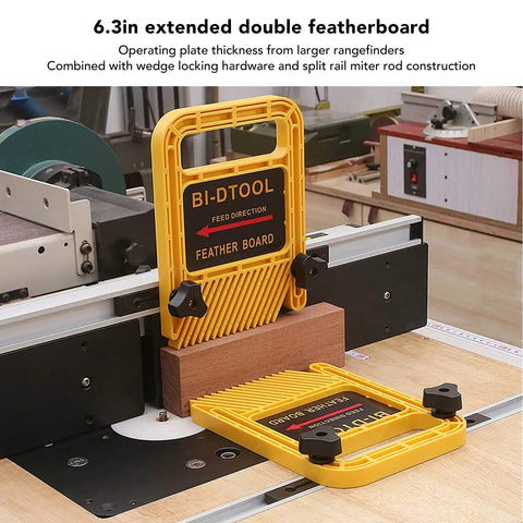 Adjustable Extended Double Featherboard Set Woodworking Track Safety Device Heavy Duty Abs Build With Quick Wedge Lock Hardware For Table Router Fences Built Tough Woodshop Essential That Makes Millwork A Breeze, 6.3in yellow featherboard in use with mounting hardware.