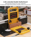 Extension Featherboards For Table Saw And Router Table Kickback Eraser That Grips Your Lumber Dead Solid With Adjustable Plastic Slider For Flat Out Safe Woodworking Cuts Pack Of 2 Yellow with dual clamp arms on a table saw.