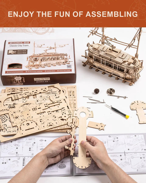 3D Wooden Puzzle Model Car Kit For Adults Build A Classic Tram Train Set With Realistic Rails And Real Wood Finish Hands On Toy Gift Idea For Christmas Fathers Day Birthday Dope Build Experience, parts and assembled tram