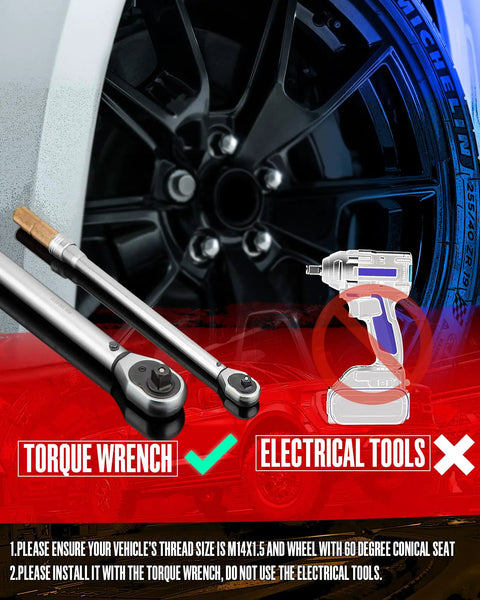 Close-up of torque wrench and wheel for 32-Piece M14x1.5 Lug Nut Kit With 19mm Hex Conical Seat For Aftermarket Wheels.