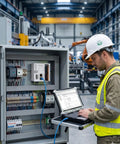 Technician operating Rugged Industrial PLC Controller with EtherCAT Modbus and Codesys in factory control panel.