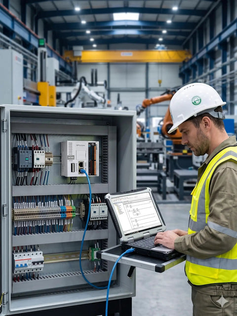 Technician operating Rugged Industrial PLC Controller with EtherCAT Modbus and Codesys in factory control panel.