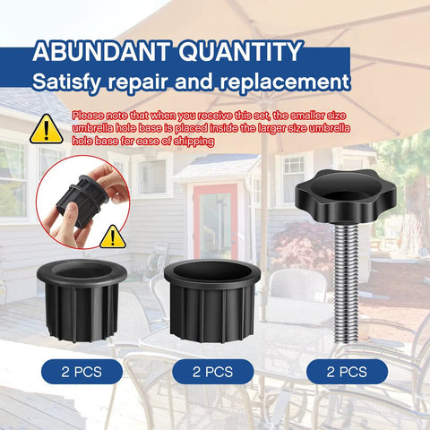 Six Piece Patio Umbrella Base Ring Cover And Cap Kit With M8 Thread Hand Knob Caps Replacement Parts For Patio Umbrella Stands Black Plastic Knobs And Ring Covers 1.95 Inch And 1.55 Inch Sizes displayed on a patio table.