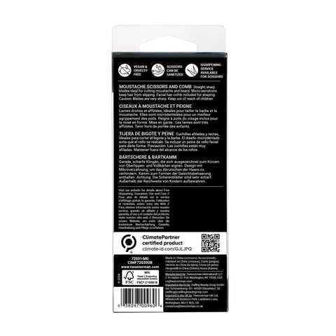 Back packaging of Moustache Scissors And Comb Set For Precision Trim Ergonomic Grip Durable Stainless Steel Easy Grooming Tool