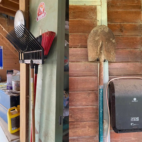 Tools hanging on 2 Pack Heavy Duty Magnetic Garage Hooks With Rubber Coated Magnets on wall, no drill required
