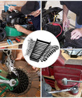 24 Piece Ratcheting Wrench Set With Organizer Rack in use for various mechanical tasks, includes Slim Profile Cr-V Wrenches, 12 SAE Inch and 12 Metric Wrenches