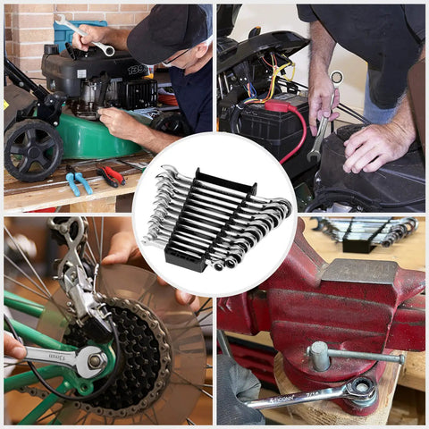 24 Piece Ratcheting Wrench Set With Organizer Rack in use for various mechanical tasks, includes Slim Profile Cr-V Wrenches, 12 SAE Inch and 12 Metric Wrenches