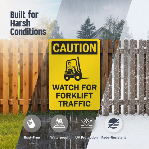 Built Like A Tank Heavy Duty Caution Watch For Forklift Traffic Safety Sign Rust Resistant Outdoor Aluminum Warning Plaque Easy Screw Mounting on display in harsh conditions.