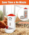 Heavy Duty 2 Pack Poultry Grit And Oyster Shell Feeder With Clear Viewing Window And Quick Drainage Holes in use with chickens.