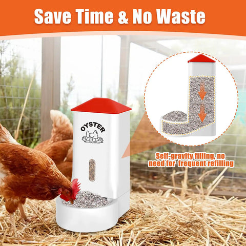 Heavy Duty 2 Pack Poultry Grit And Oyster Shell Feeder With Clear Viewing Window And Quick Drainage Holes in use with chickens.