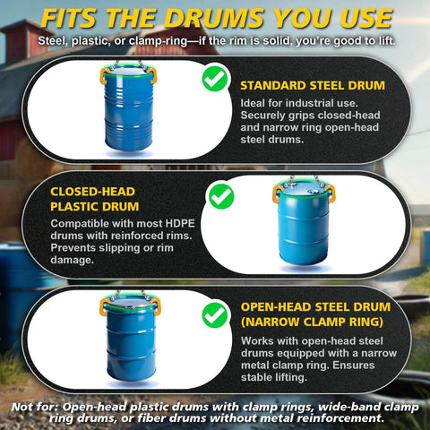 Heavy Duty Chain Drum Lifter Handles 2200 Lbs Vertical Barrel Clamp with standard steel drum for industrial lifting.