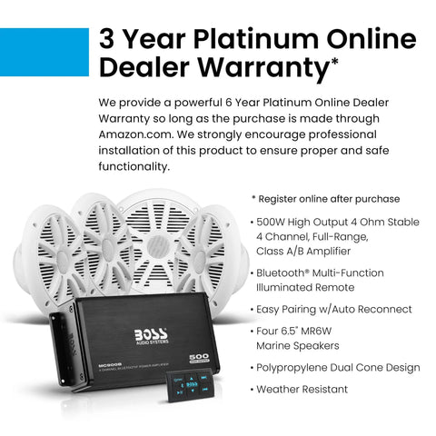 Marine Boat 6.5 Inch Speaker And 4 Channel Amplifier Bundle, 500 Max Per Channel, Bluetooth Remote, USB Charging, Auxiliary Input