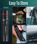 Rechargeable High Lumens Tactical Flashlight Two Pack G1000 in use outdoors, on a backpack, and stored in a pocket