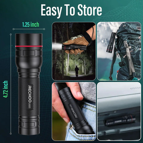 Rechargeable High Lumens Tactical Flashlight Two Pack G1000 in use outdoors, on a backpack, and stored in a pocket