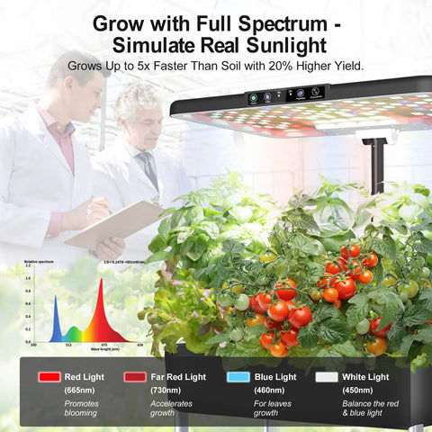Indoor Hydroponic Garden System With LED Grow Light Dual Tier 44 Pod Kit with tomatoes, diagram of full-spectrum light benefits